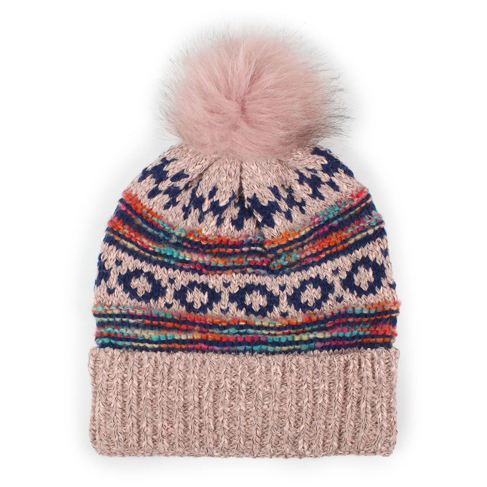 iLLASPARKZ Ethnic Patterned Knit Pom Pom Beanie Hat