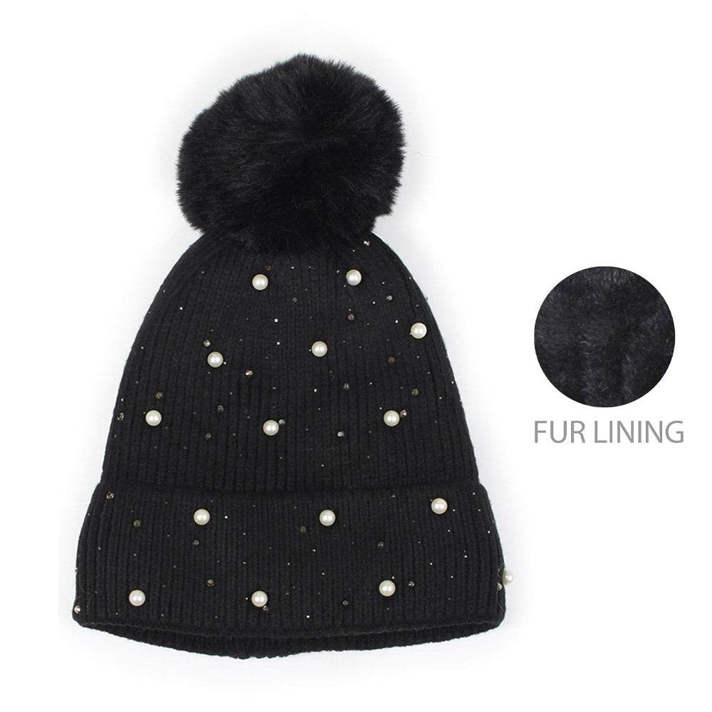 iLLASPARKZ Pearl Embellished Lining Knit Pom Pom Beanie Hat