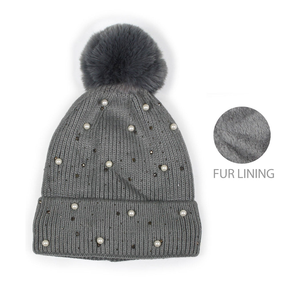 iLLASPARKZ Pearl Embellished Lining Knit Pom Pom Beanie Hat