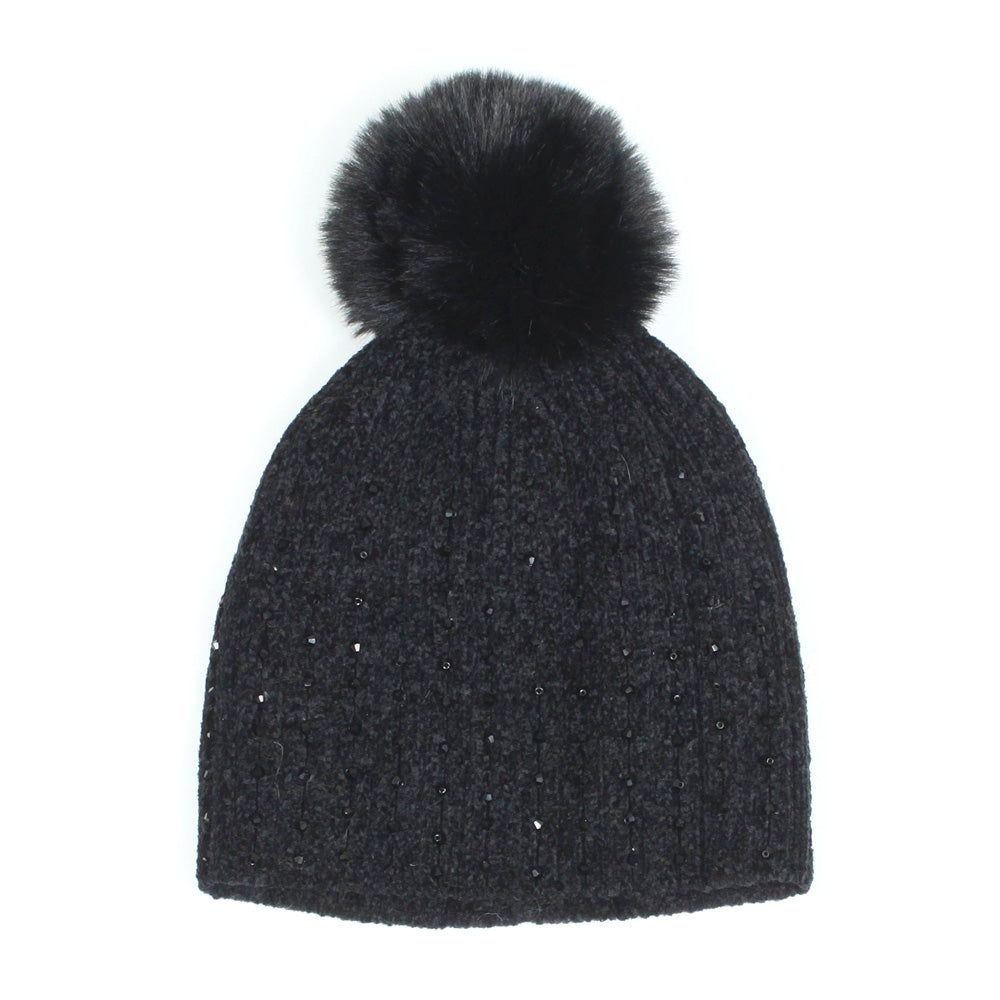 iLLASPARKZ Stone Embellished Chenille Pom Pom Beanie Hat