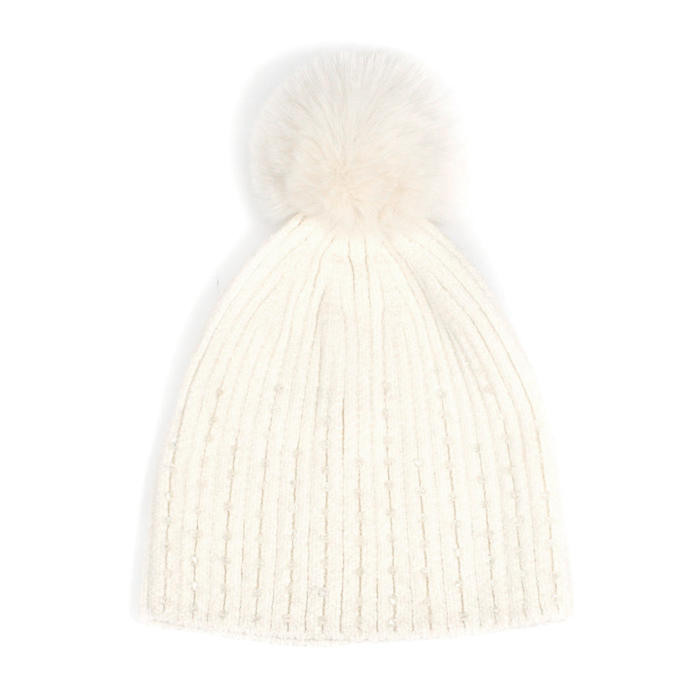 iLLASPARKZ Stone Embellished Chenille Pom Pom Beanie Hat