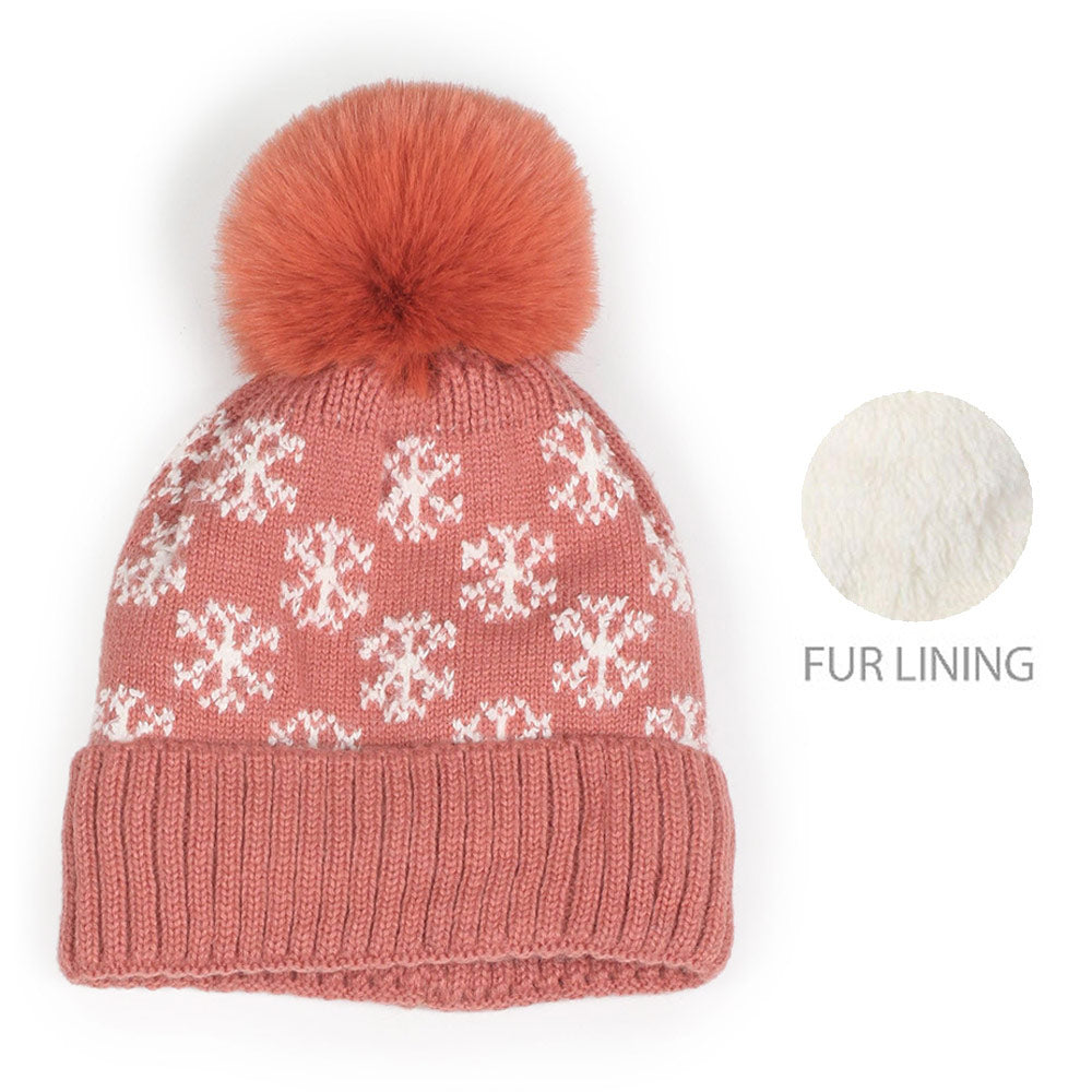 iLLASPARKZ Snowflake Patterned Faux Fur Lining Knit Pom Pom Beanie Hat