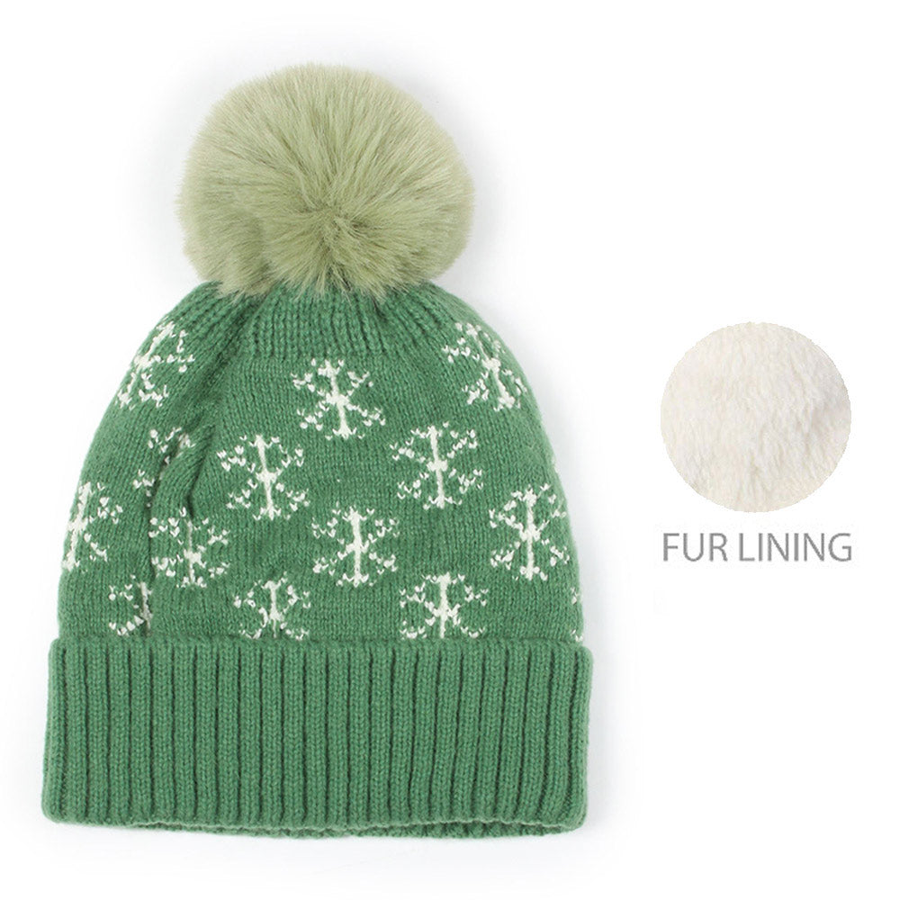 iLLASPARKZ Snowflake Patterned Faux Fur Lining Knit Pom Pom Beanie Hat