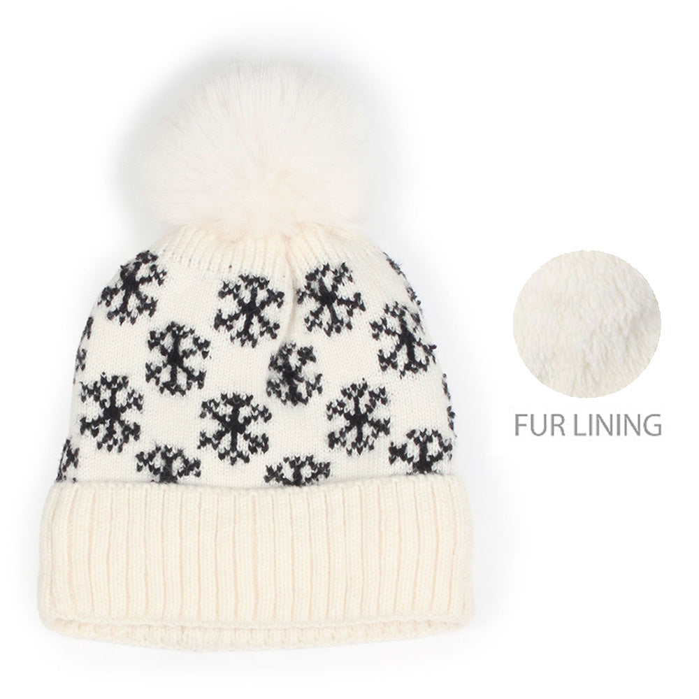 iLLASPARKZ Snowflake Patterned Faux Fur Lining Knit Pom Pom Beanie Hat