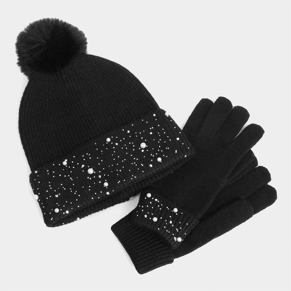 iLLASPARKZ Pearl Stone Deco Embellished Pom Pom Beanie Hat Touch Smart Gloves Set