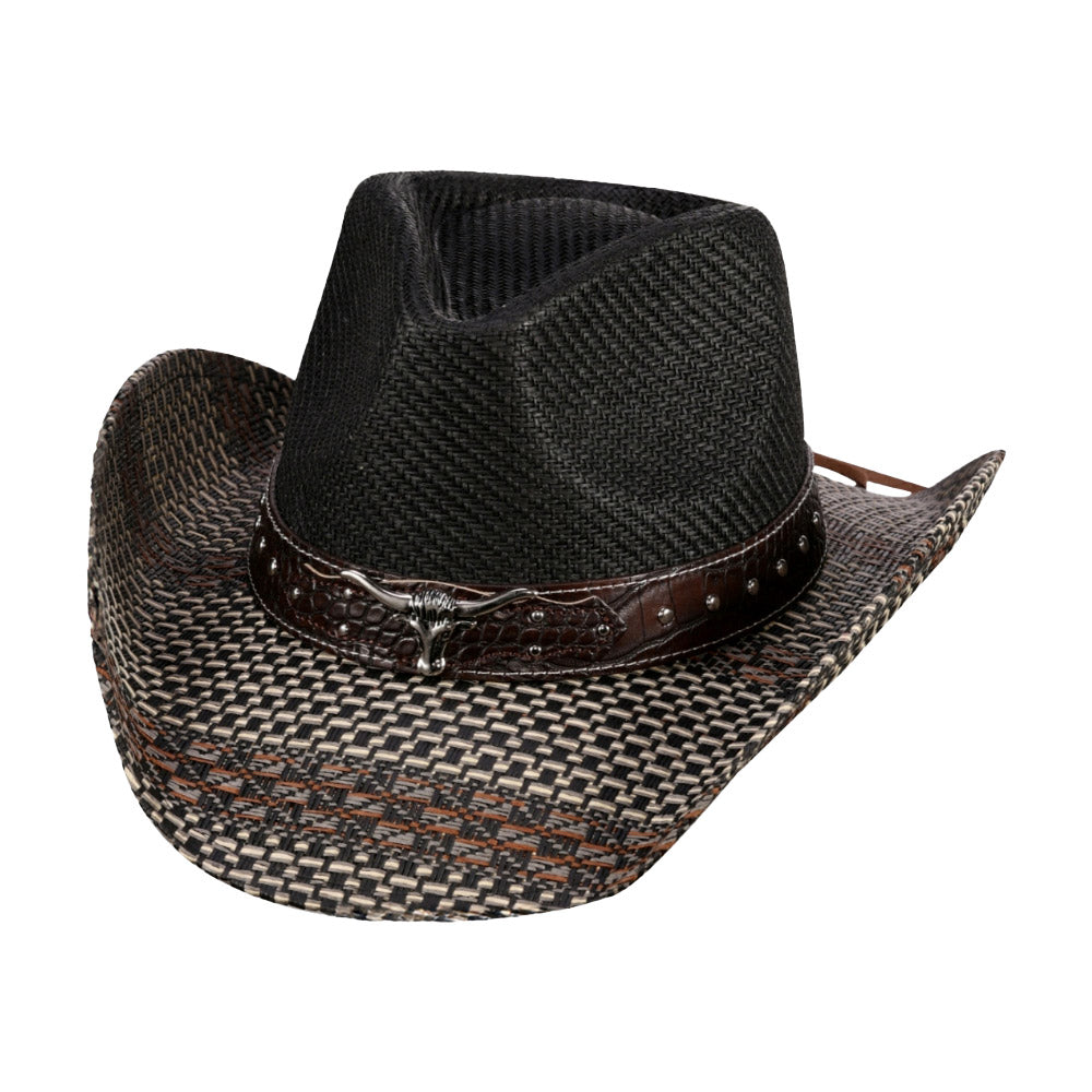 iLLASPARKZ Steer Head Pointed Faux Leather Band Straw Cowboy Hat