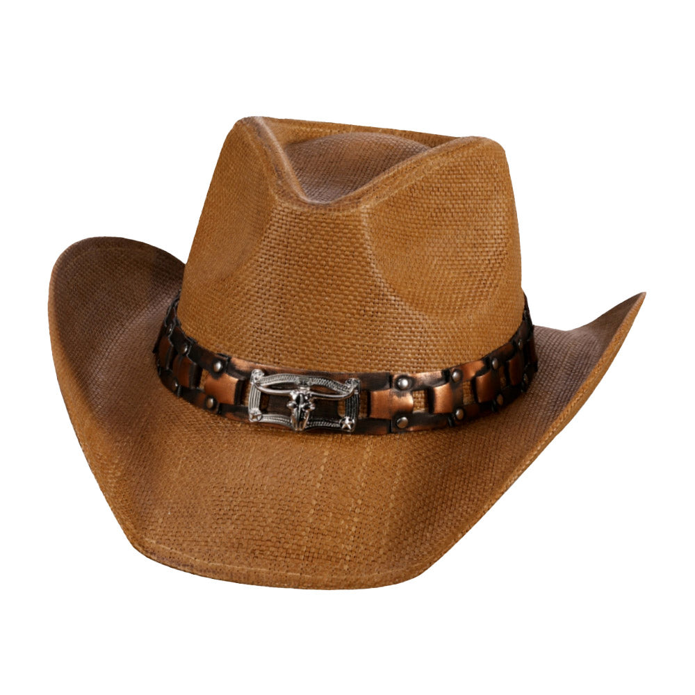 iLLASPARKZ Steer Head Accented Faux Leather Band Straw Cowboy Hat