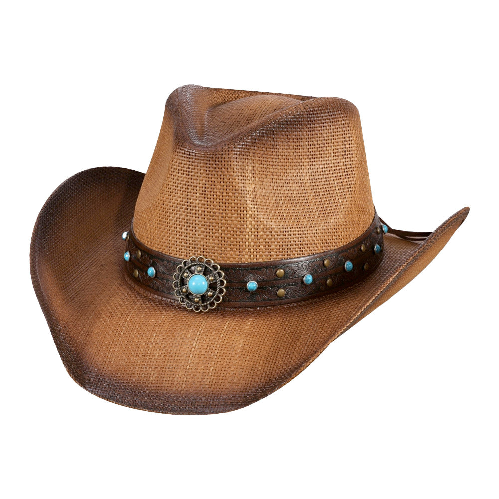 iLLASPARKZ Turquoise Stone Western Flower Pointed Faux Leather Straw Cowboy Hat