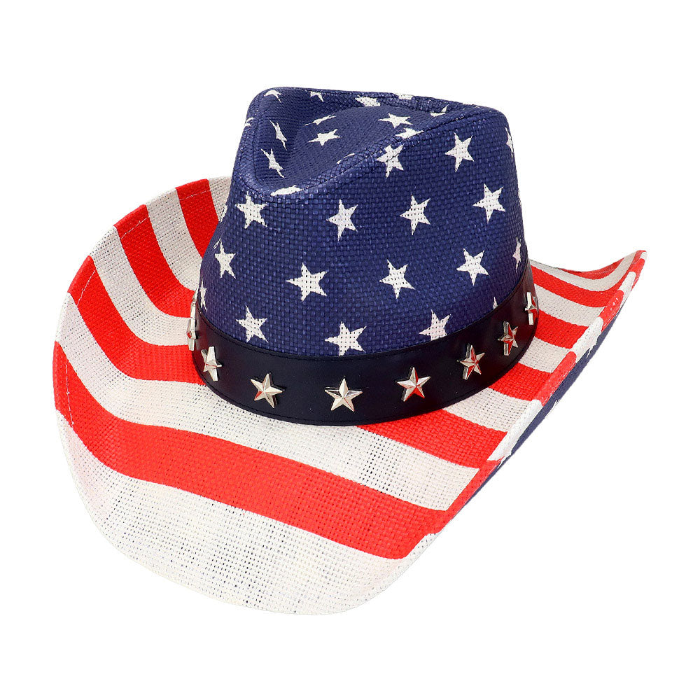 iLLASPARKZ American USA Flag Star Stud Faux Leather Band Straw Cowboy Hat