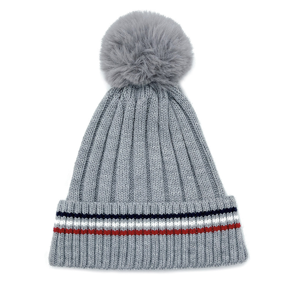 iLLASPARKZ Stripe Pointed Faux Fur Pom Pom Knit Beanie Hat