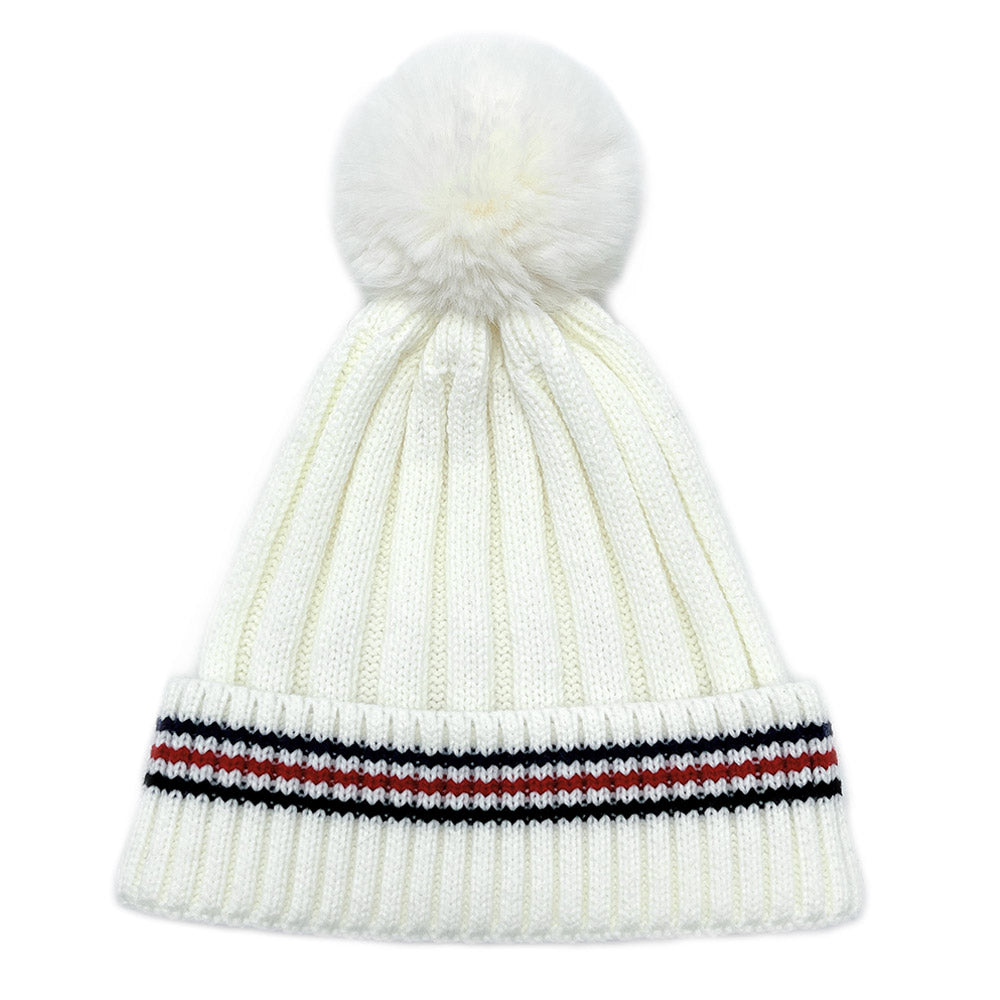 iLLASPARKZ Stripe Pointed Faux Fur Pom Pom Knit Beanie Hat