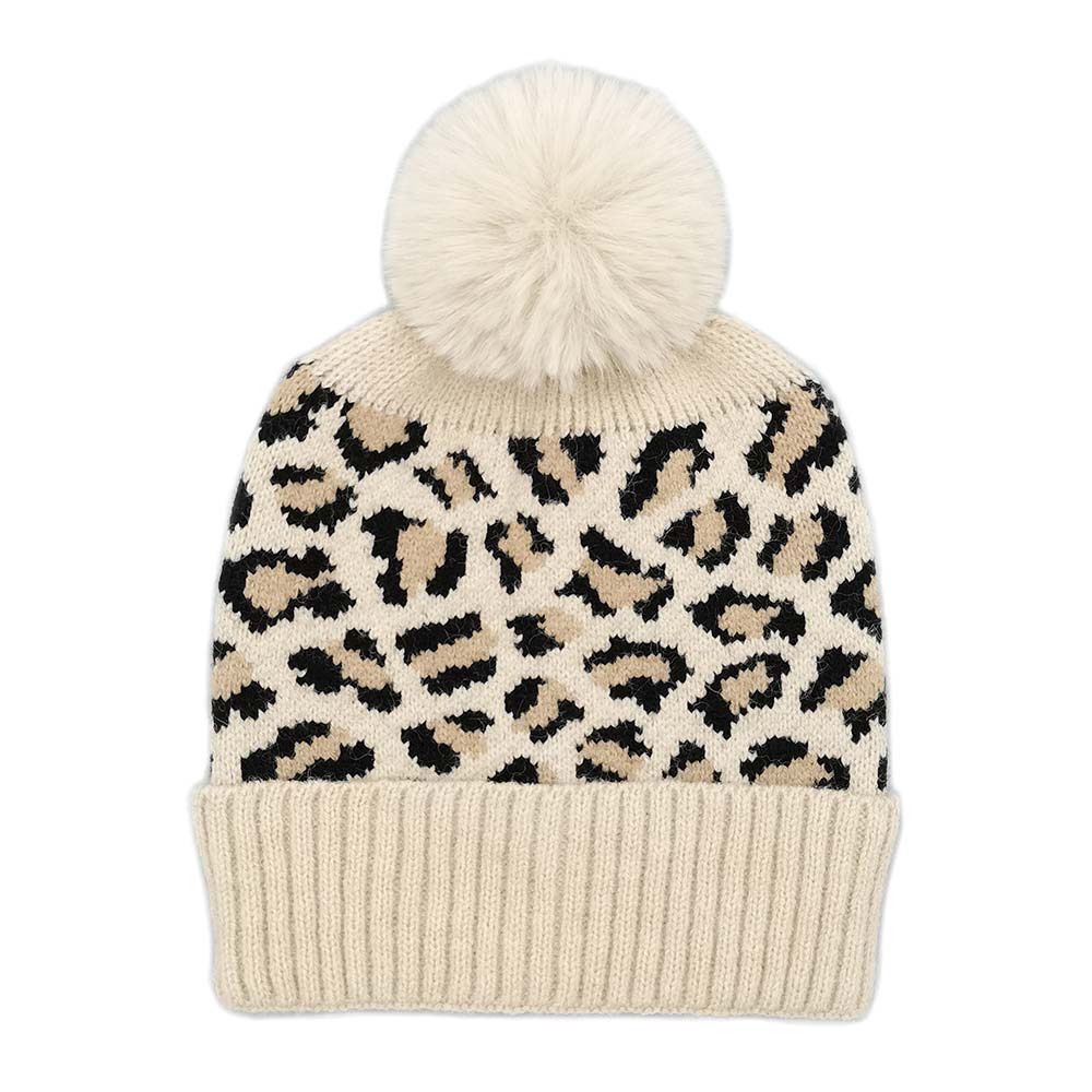 iLLASPARKZ Leopard Patterned Faux Fur Pom Pom Ribbed Beanie Hat