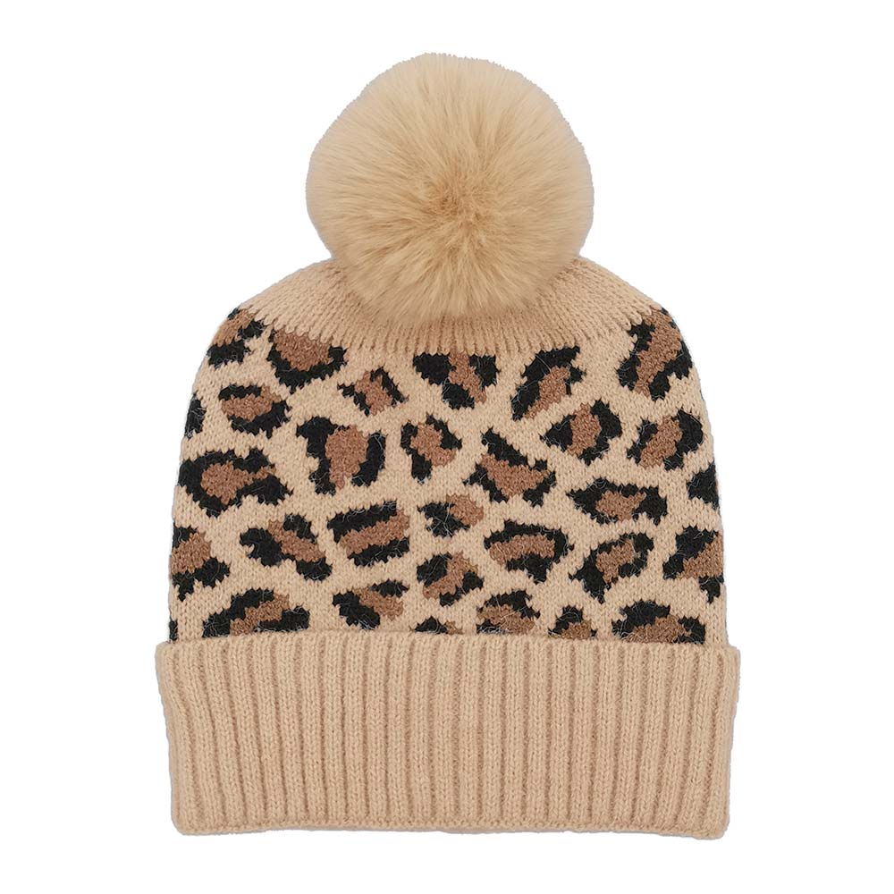 iLLASPARKZ Leopard Patterned Faux Fur Pom Pom Ribbed Beanie Hat