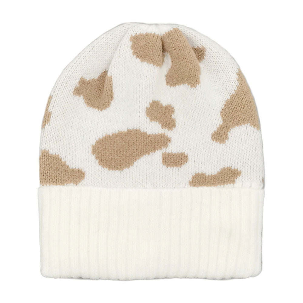 iLLASPARKZ Cow Patterned Ribbed Knit Cuff Beanie Hat