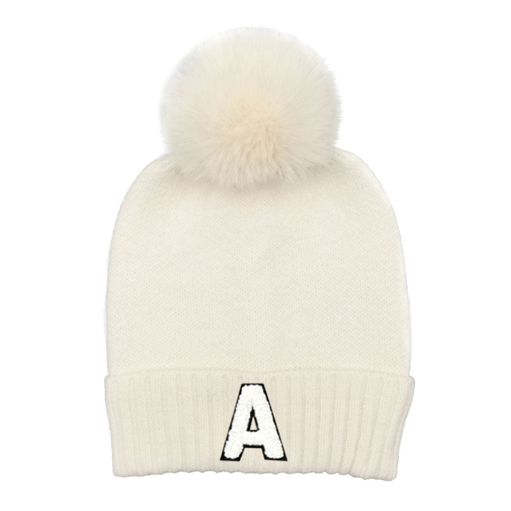 iLLASPARKZ -A- Monogram Faux Fur Pom Pom Knit Beanie Hat