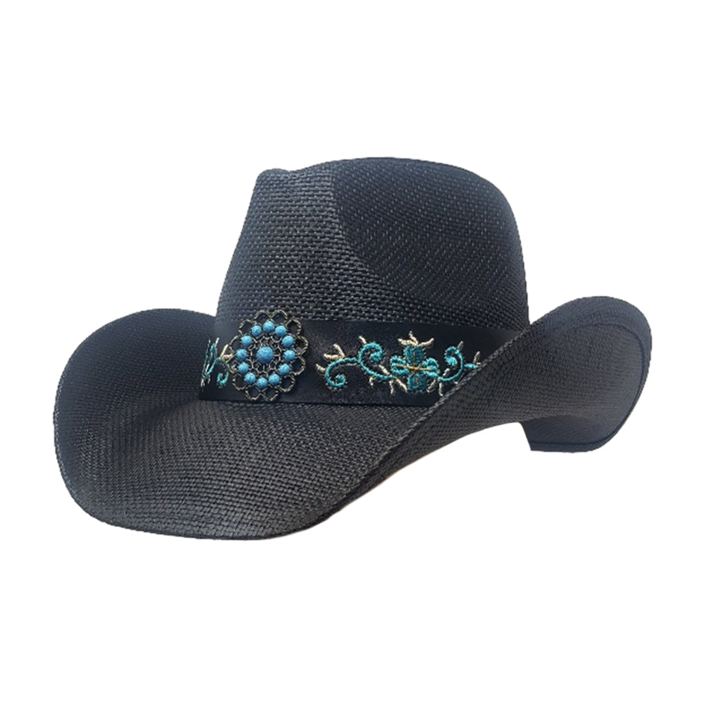 iLLASPARKZ Turquoise Stone Western Flower Pointed Flower Embroidered Genuine Leather Band Straw Cowboy Hat