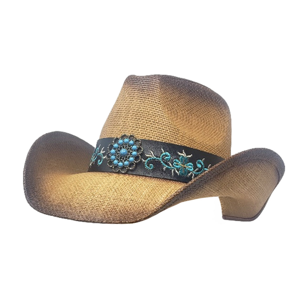 iLLASPARKZ Turquoise Stone Western Flower Pointed Flower Embroidered Genuine Leather Band Straw Cowboy Hat