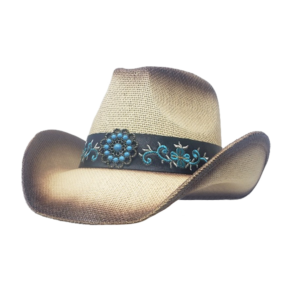 iLLASPARKZ Turquoise Stone Western Flower Pointed Flower Embroidered Genuine Leather Band Straw Cowboy Hat