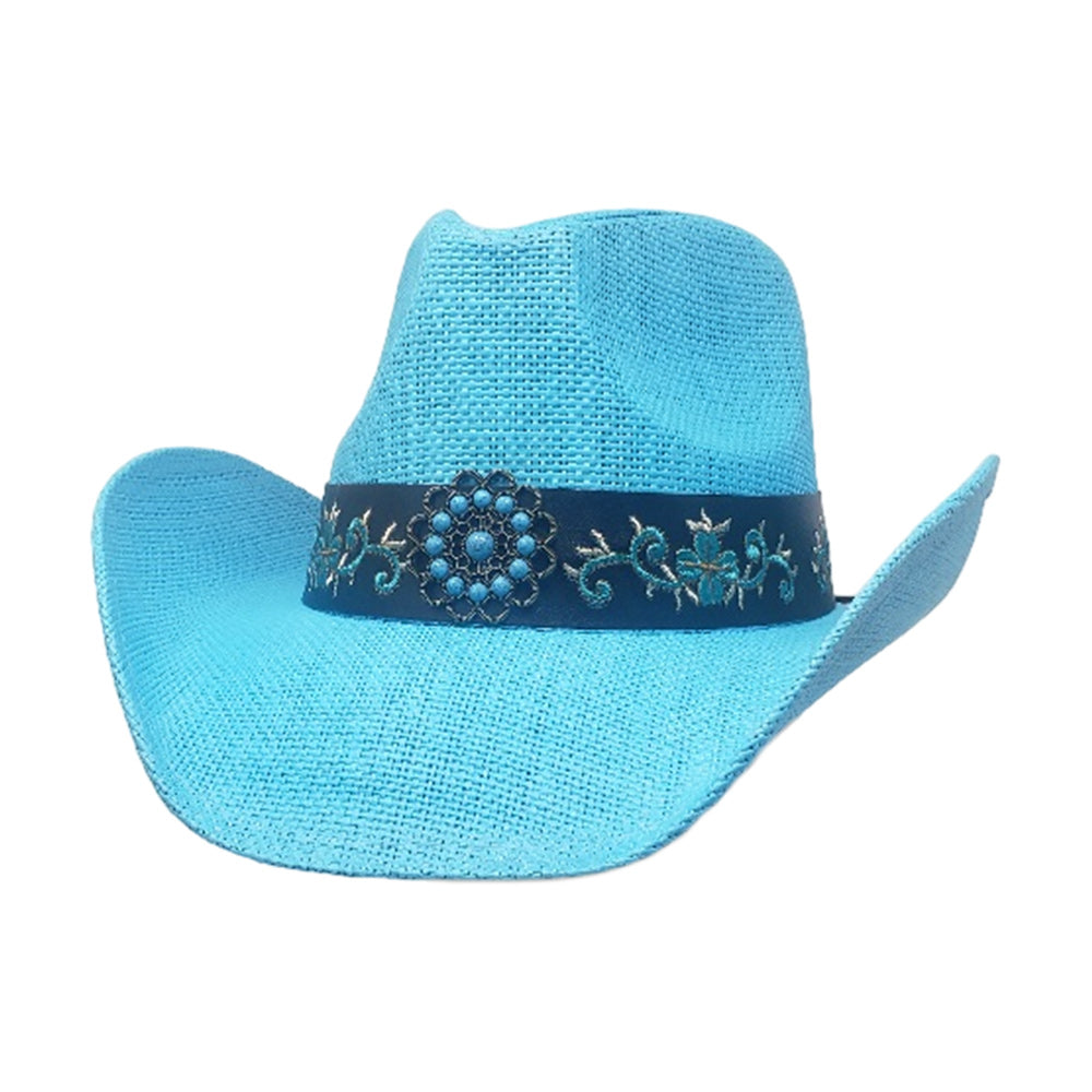 iLLASPARKZ Turquoise Stone Western Flower Pointed Flower Embroidered Genuine Leather Band Straw Cowboy Hat