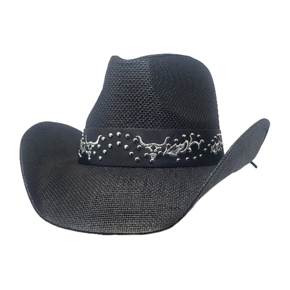 iLLASPARKZ Western Metal Steel Head Studded Genuine Leather Band Straw Cowboy Hat