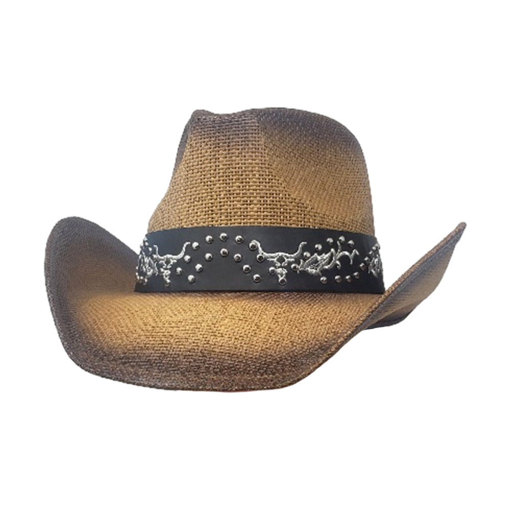 iLLASPARKZ Western Metal Steel Head Studded Genuine Leather Band Straw Cowboy Hat