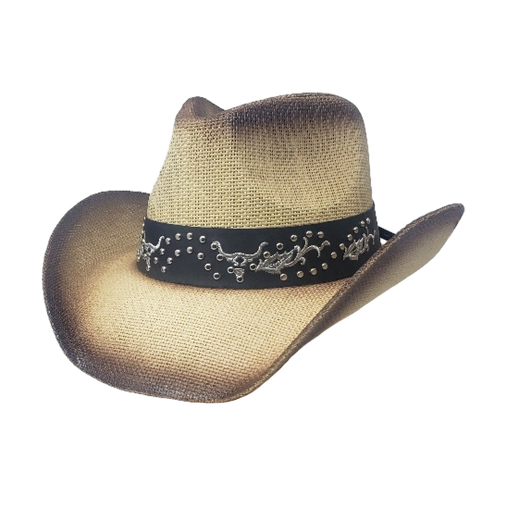 iLLASPARKZ Western Metal Steel Head Studded Genuine Leather Band Straw Cowboy Hat