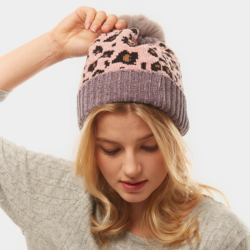 iLLASPARKZ Leopard Print Pom Pom Beanie Hat