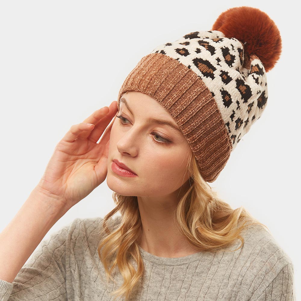 iLLASPARKZ Leopard Print Pom Pom Beanie Hat