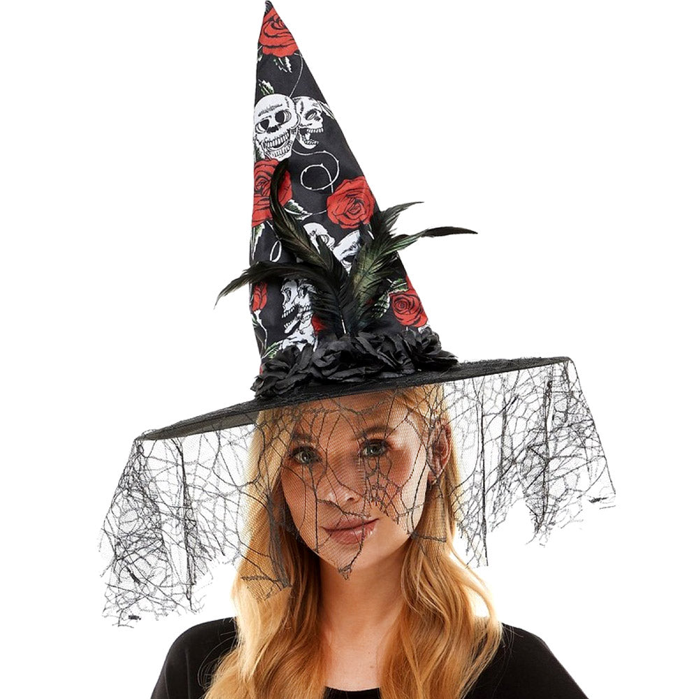 iLLASPARKZ Flower Feather Skull Spider Web Halloween Witch Hat