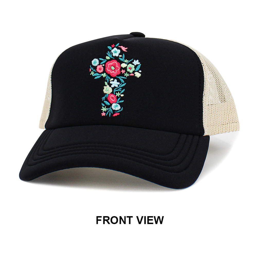 iLLASPARKZ Floral Cross Embroidered Mesh Back Trucker Hat