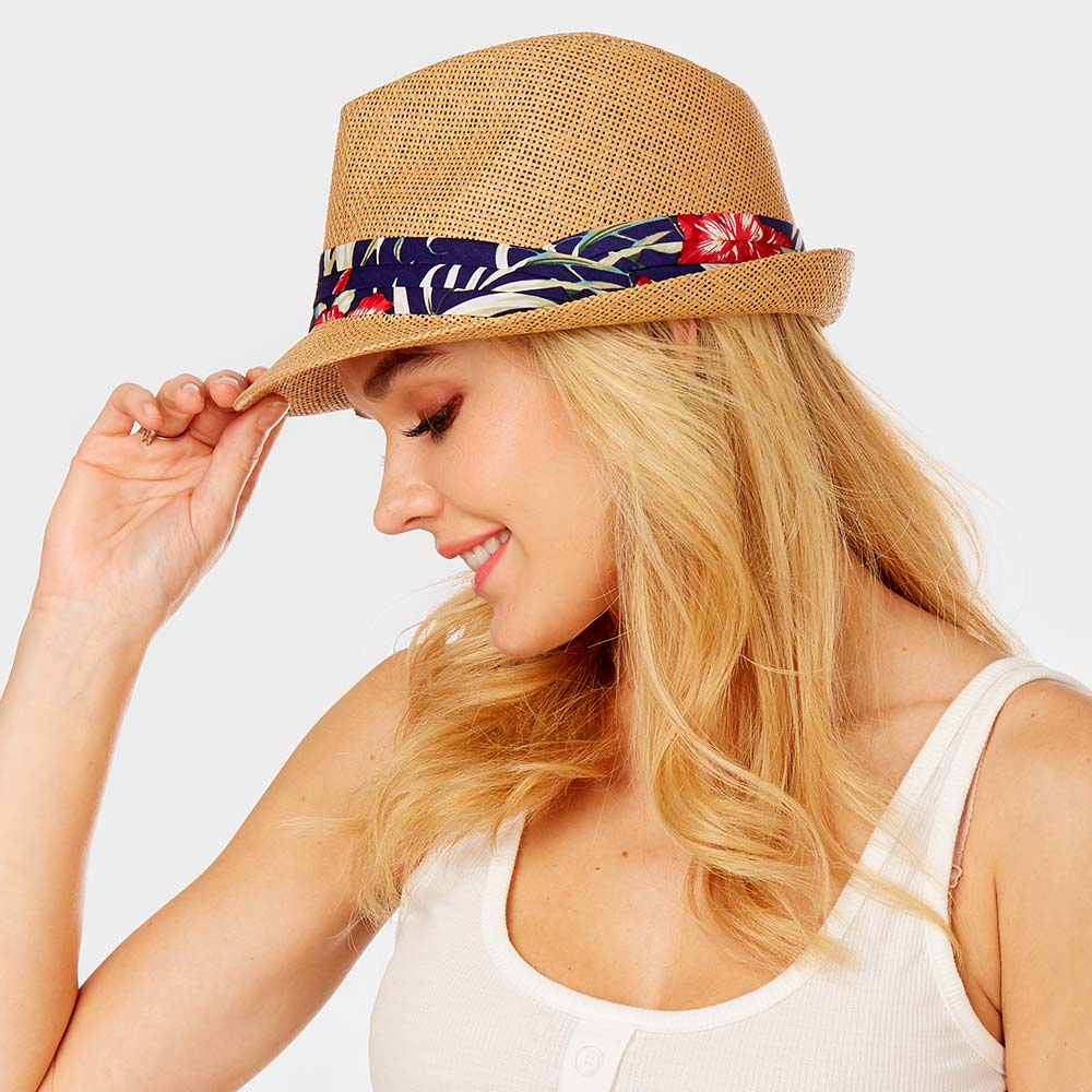 iLLASPARKZ Tropical Leaves Print Band Summer Straw Fedora Hat