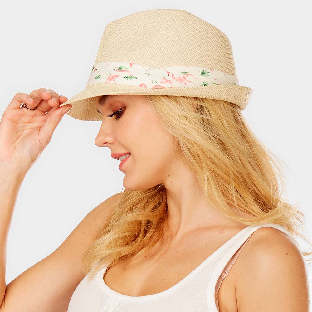 iLLASPARKZ Flamingo Print Band Summer Straw Fedora Hat