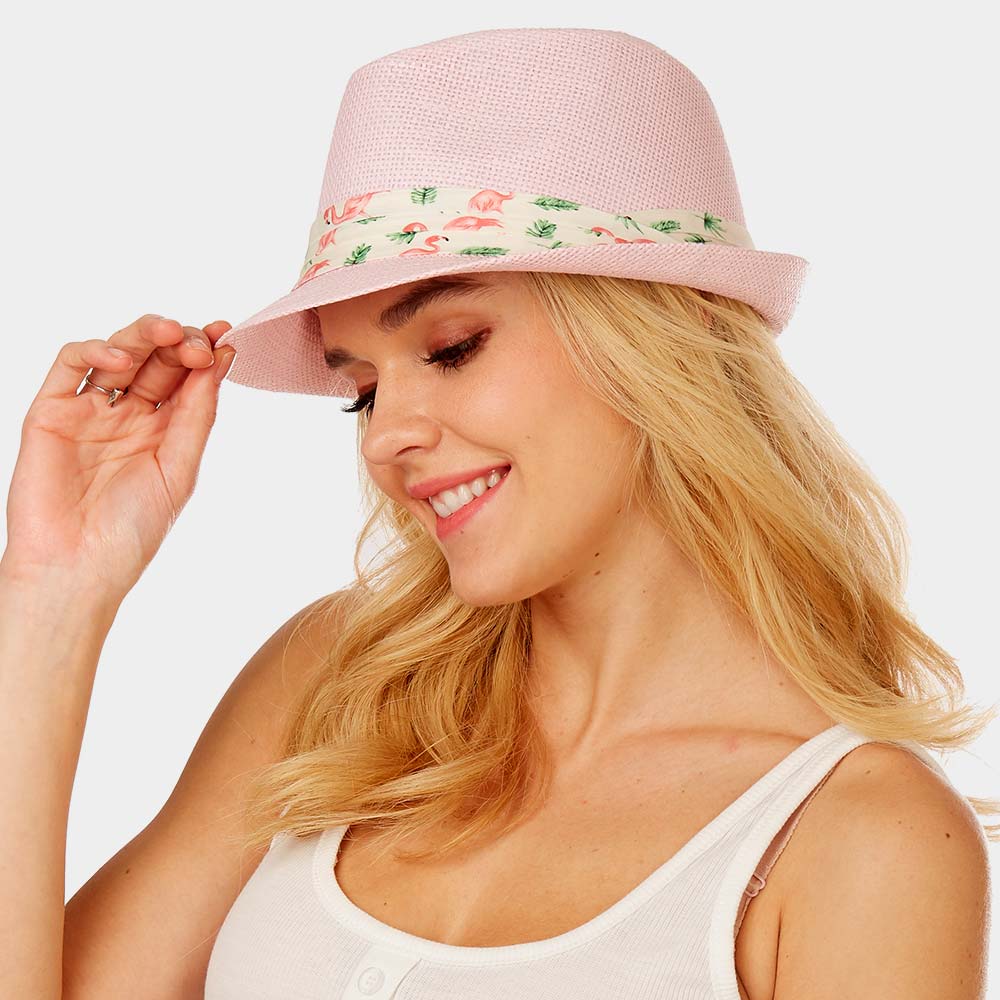 iLLASPARKZ Flamingo Print Band Summer Straw Fedora Hat