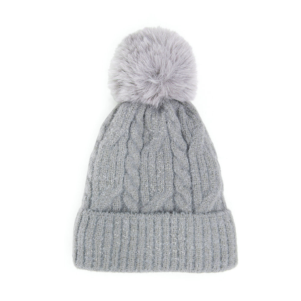 iLLASPARKZ Lurex Accented Solid Cable Knitted Pom Pom Beanie Hat