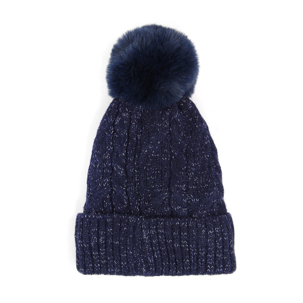 iLLASPARKZ Lurex Accented Solid Cable Knitted Pom Pom Beanie Hat