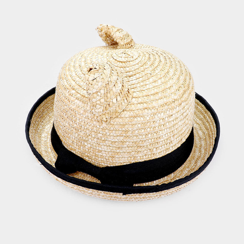 iLLASPARKZ Bear Ear Bow Woven Straw Floppy Hat