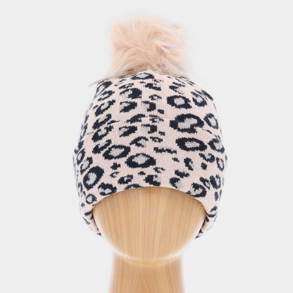 iLLASPARKZ Cheetah Print Double Layered Pom Pom Beanie Hat