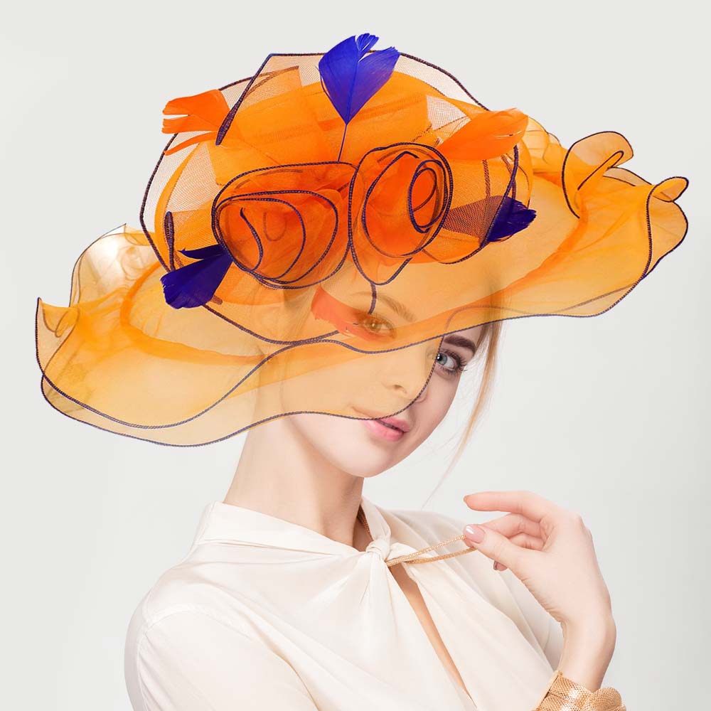 iLLASPARKZ Flower Feather Accented Double Layered Organza Hat