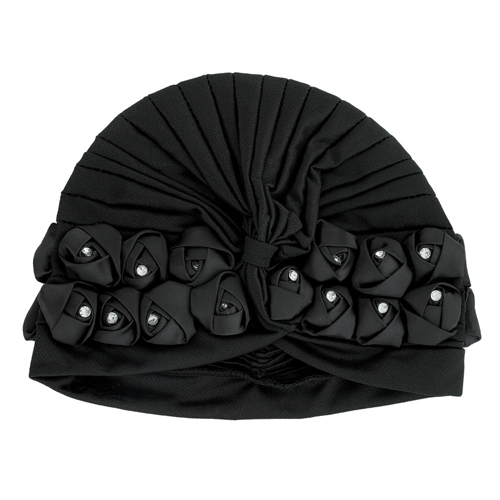 iLLASPARKZ Stone Embellished Floral Pleated Turban Beanie Hat