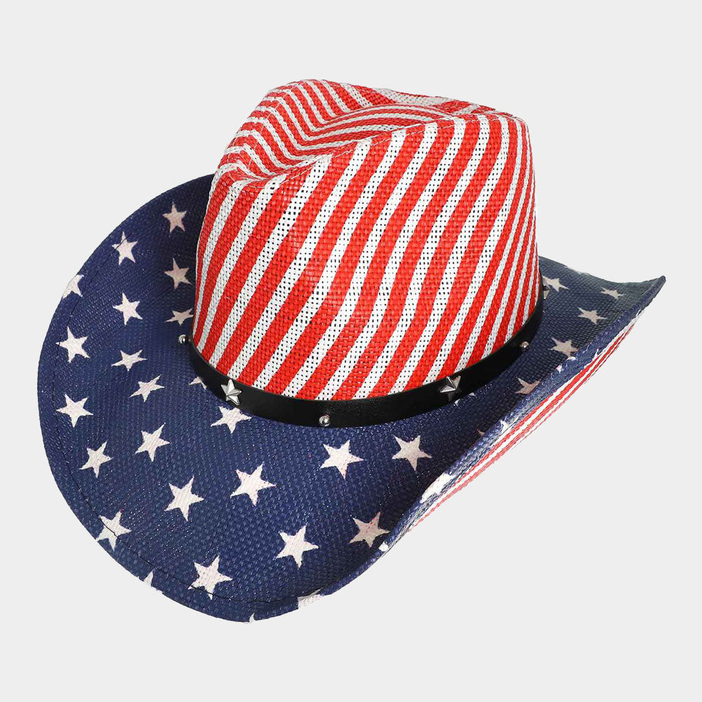 iLLASPARKZ Star Stud Faux Leather Band Pointed American USA Flag Printed Cowboy Fedora Hat