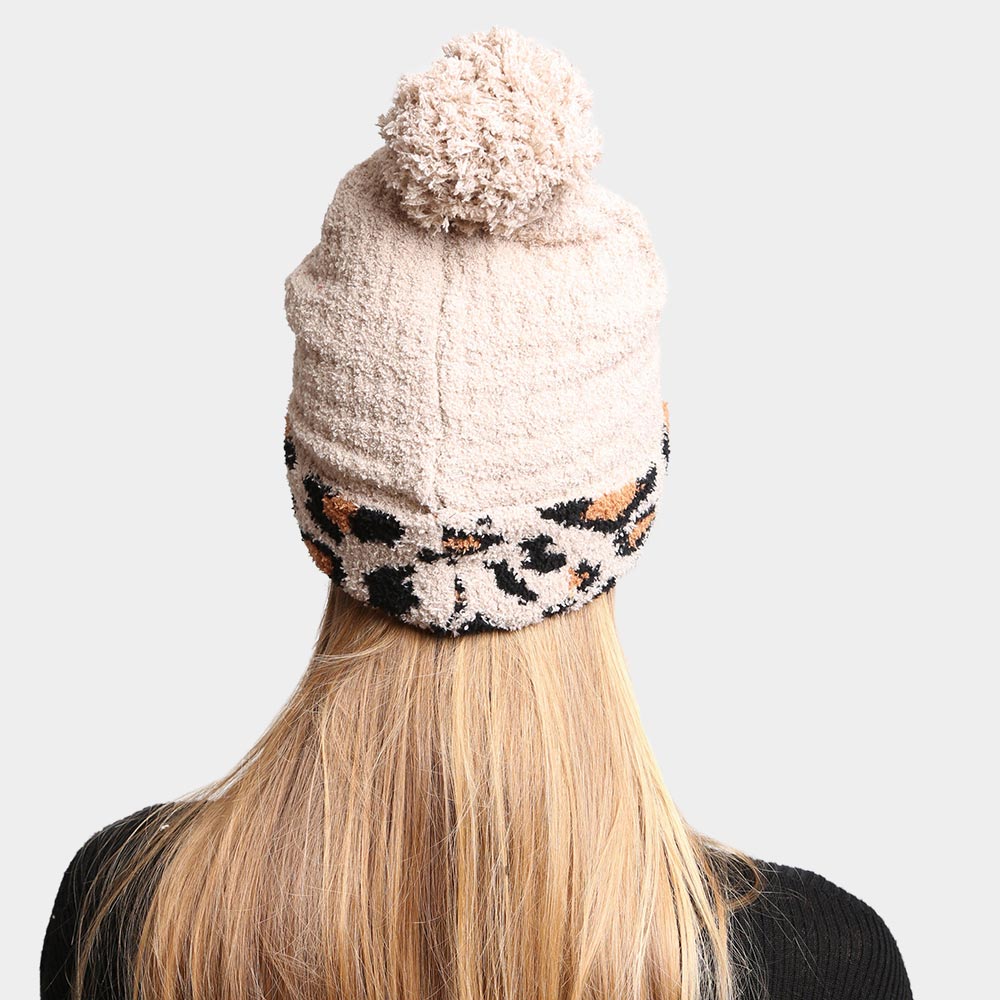 iLLASPARKZ Solid Color Linked Leopard Accented Pom-Pom Beanie