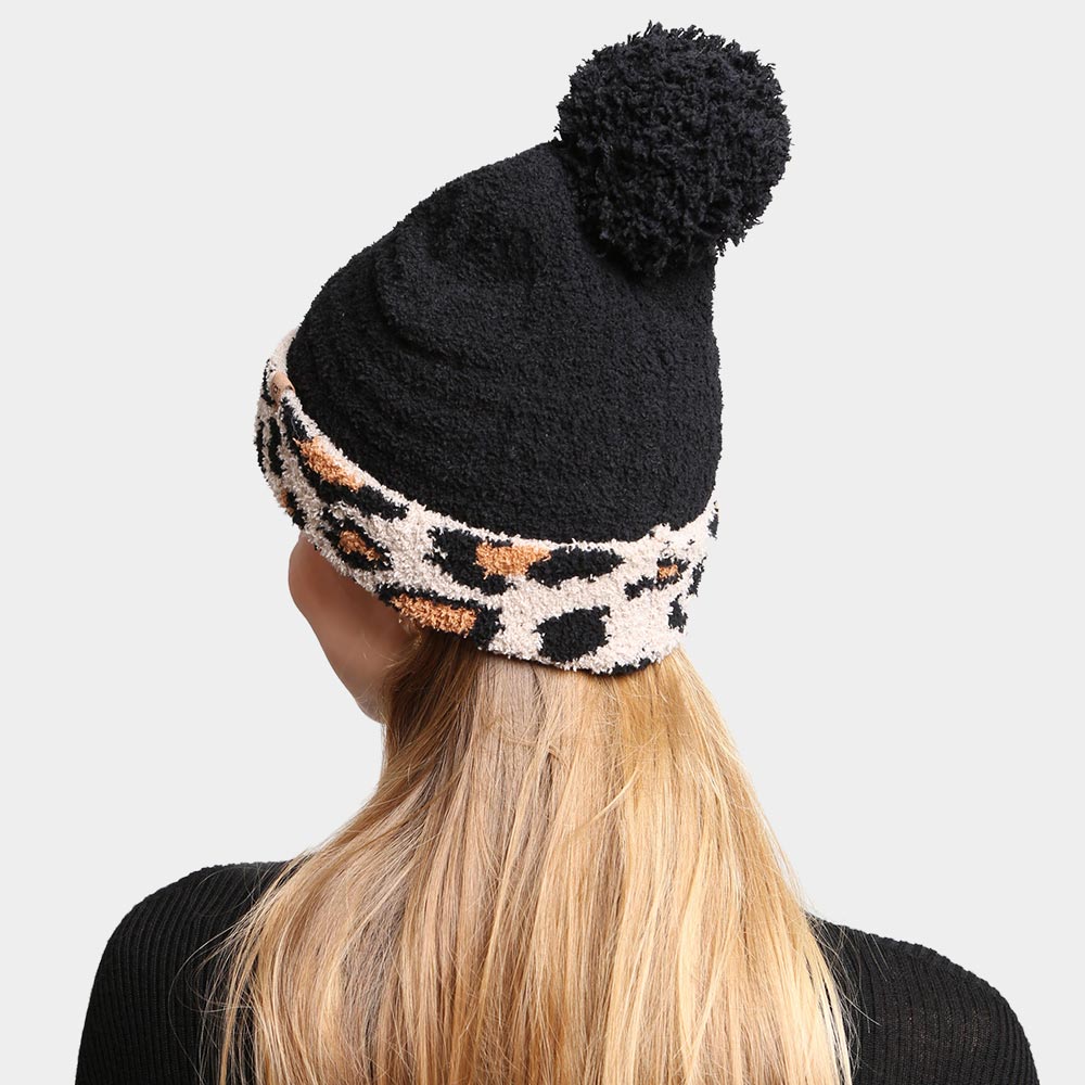 iLLASPARKZ Solid Color Linked Leopard Accented Pom-Pom Beanie