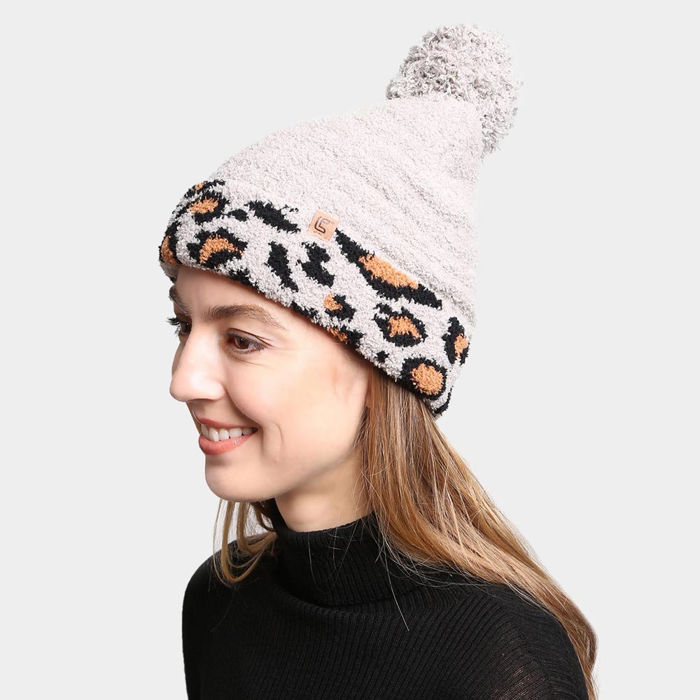 iLLASPARKZ Solid Color Linked Leopard Accented Pom-Pom Beanie