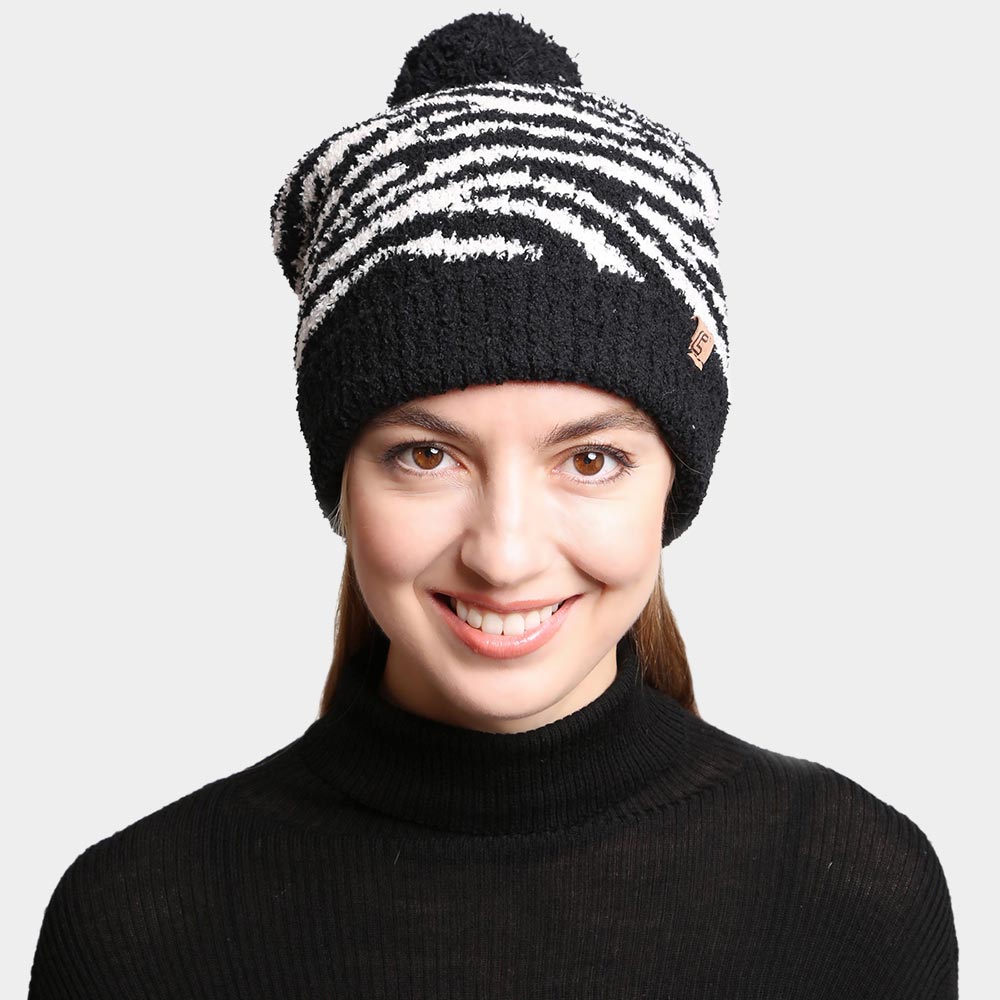 iLLASPARKZ Zebra Lined Pom-Pom Beanie