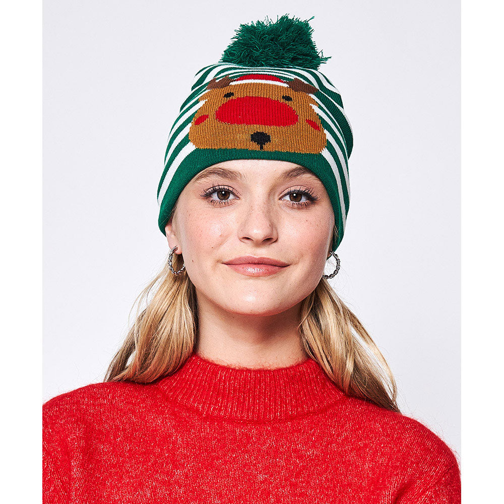 iLLASPARKZ Striped Rudolph Pom Pom Beanie Hat