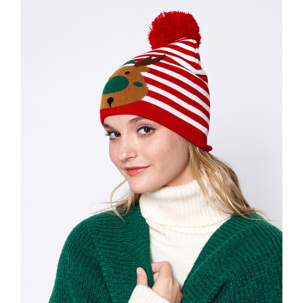 iLLASPARKZ Striped Rudolph Pom Pom Beanie Hat