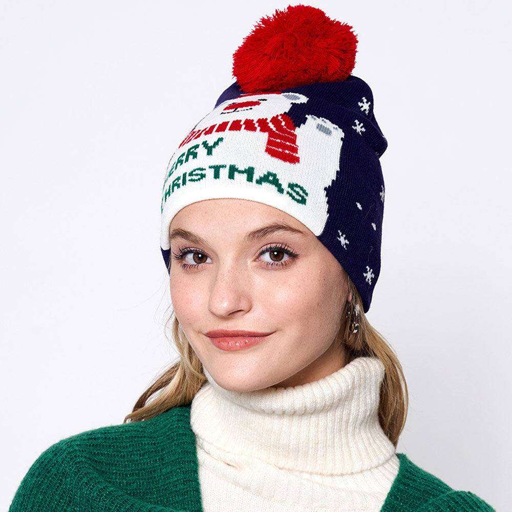 iLLASPARKZ Merry Christmas Message Polar Bear Pom Pom Beanie Hat