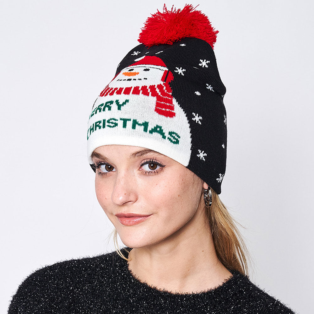 iLLASPARKZ Merry Christmas Message Snowman Pom Pom Beanie Hat