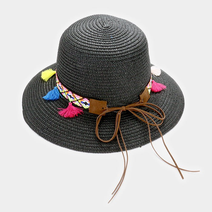 iLLASPARKZ Rainbow tassel short brim sun hat with faux suede ribbon tie