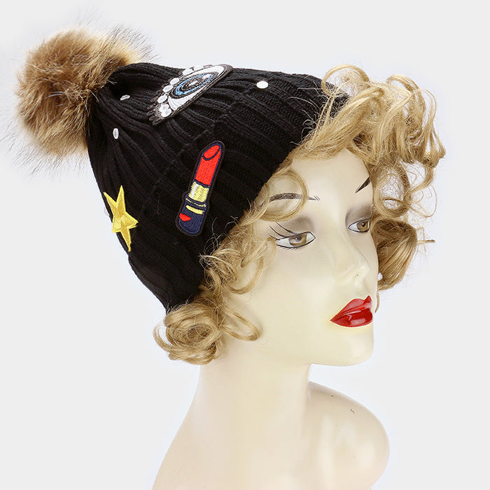 iLLASPARKZ Sequin big eye & embroidered lipstick _ patch beanie hat with pom pom